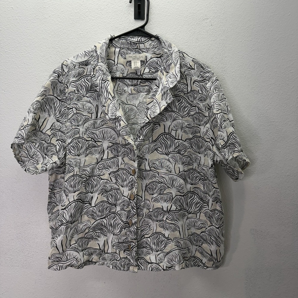 Rachel Zoe Womens 100% Linen Button Front Mushroom Print Top XL Minimalist